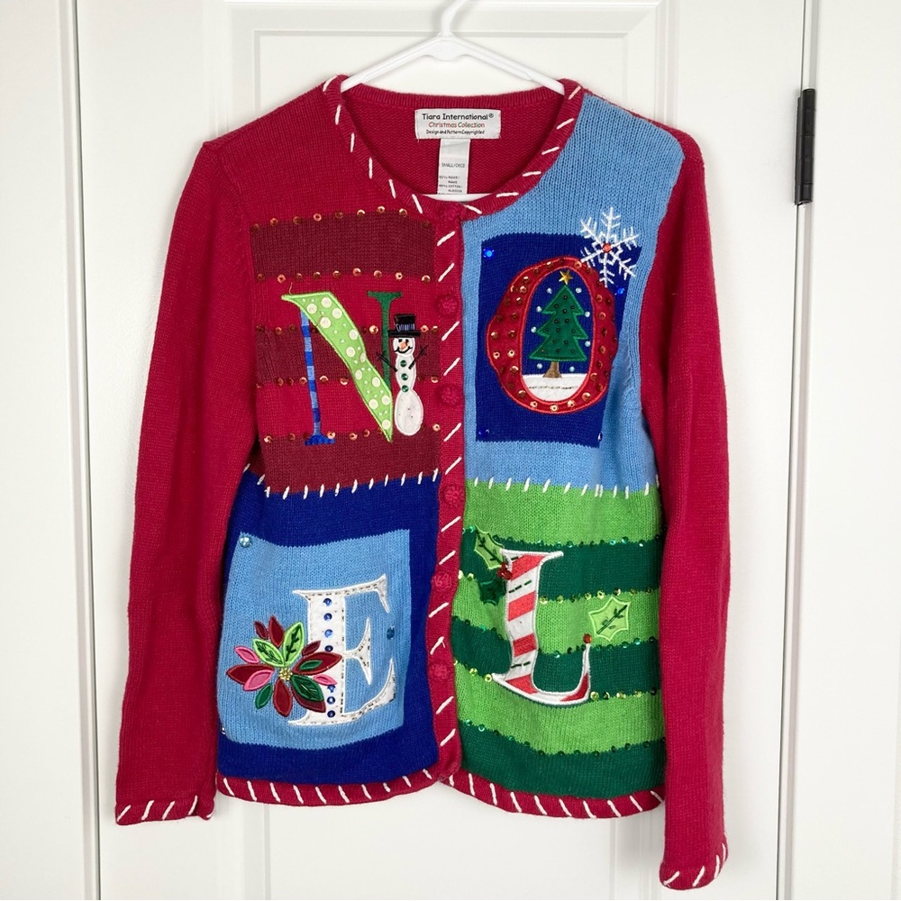 Tiara International Knit Ugly Christmas Beaded Embroidered Noel Sweater Small